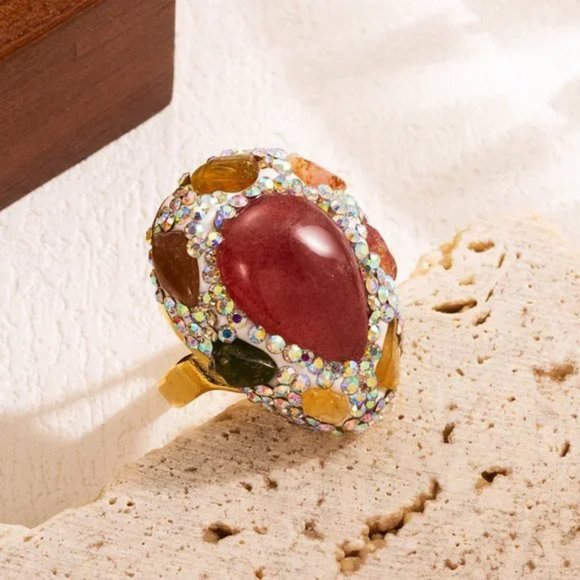 3/$35 Oval 18K Gold Plated Cocktail Open Ring Red Natural Stone Zirconia - Picture 5 of 5